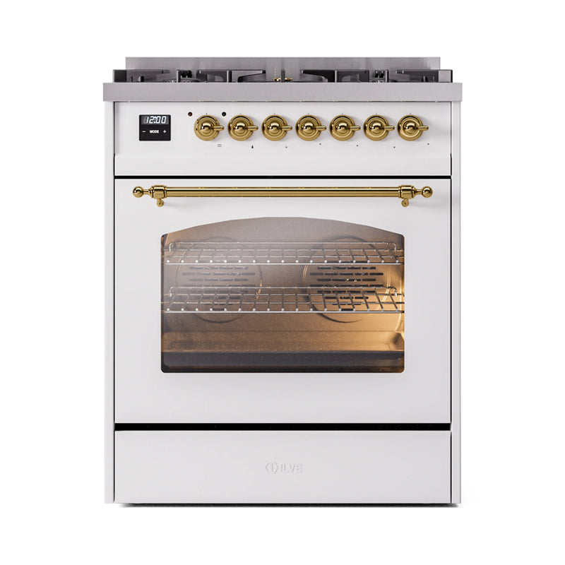 ILVE Nostalgie II 30-Inch Dual Fuel Freestanding Range in White with Brass Trim (UP30NMPWHG)