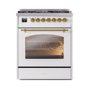 ILVE Nostalgie II 30-Inch Freestanding Natural Gas Dual Fuel Range in White with Brass Trim (UP30NMPWHG)