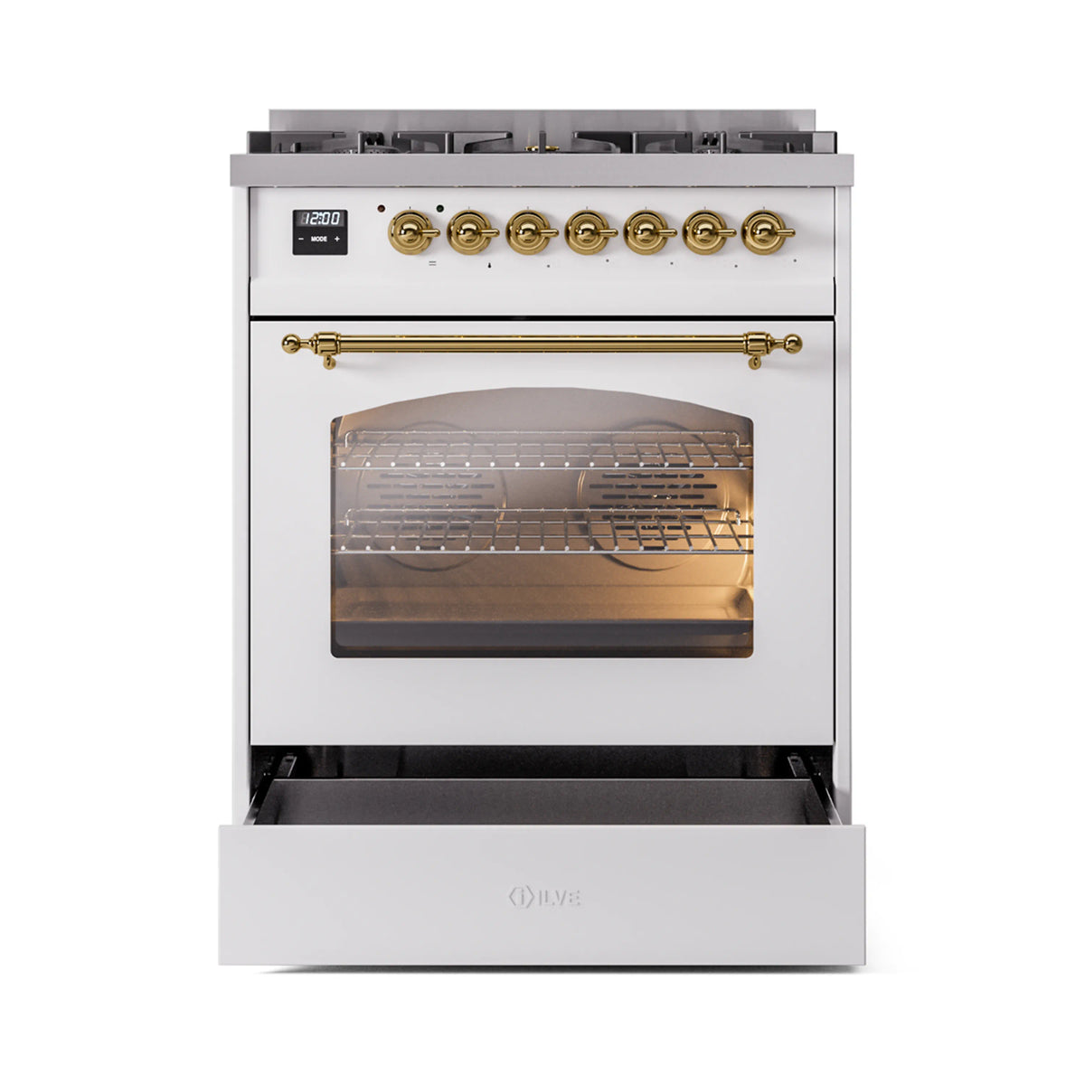 White range with brass knobs, oven window, and open lower storage drawer