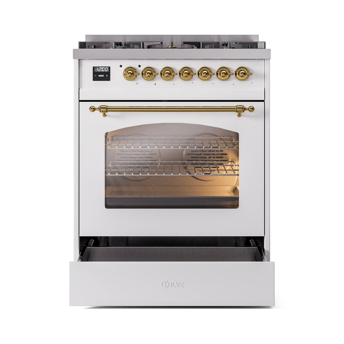 White dual fuel range with open oven drawer and brass control knobs