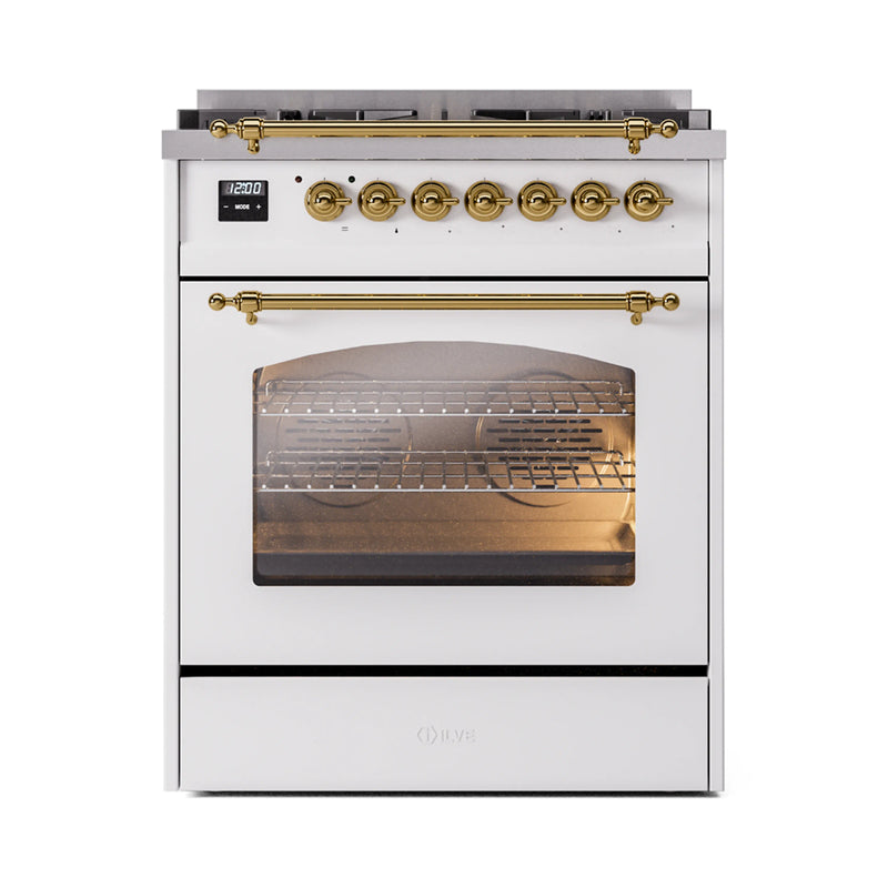 ILVE Nostalgie II 30-Inch Dual Fuel Freestanding Range in White with Brass Trim (UP30NMPWHG)