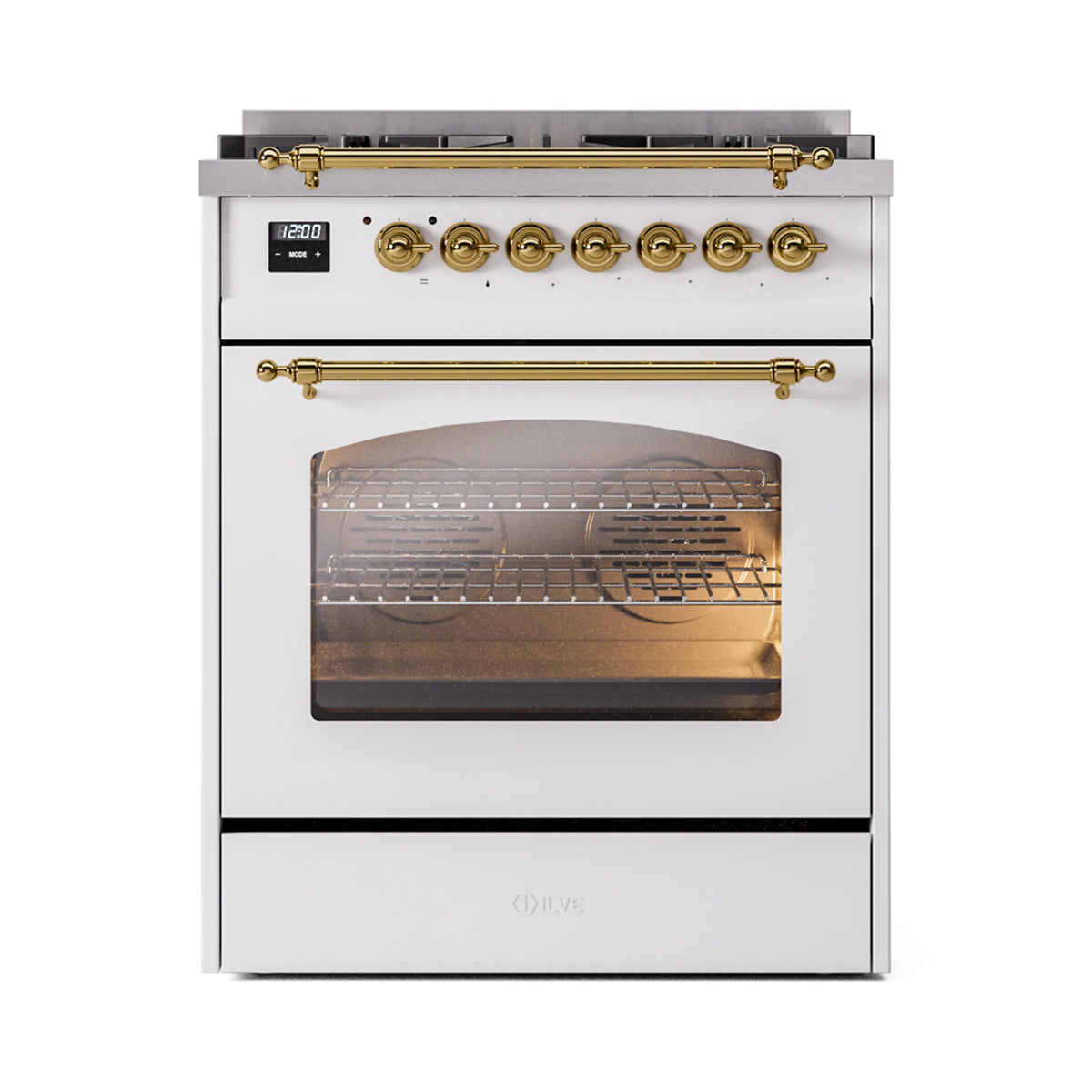 White dual fuel range with glass oven window and brass trim