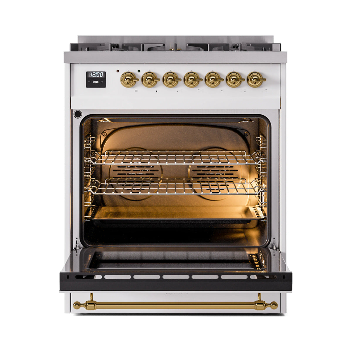 Open oven interior of white dual fuel range with lit racks and side burner elements