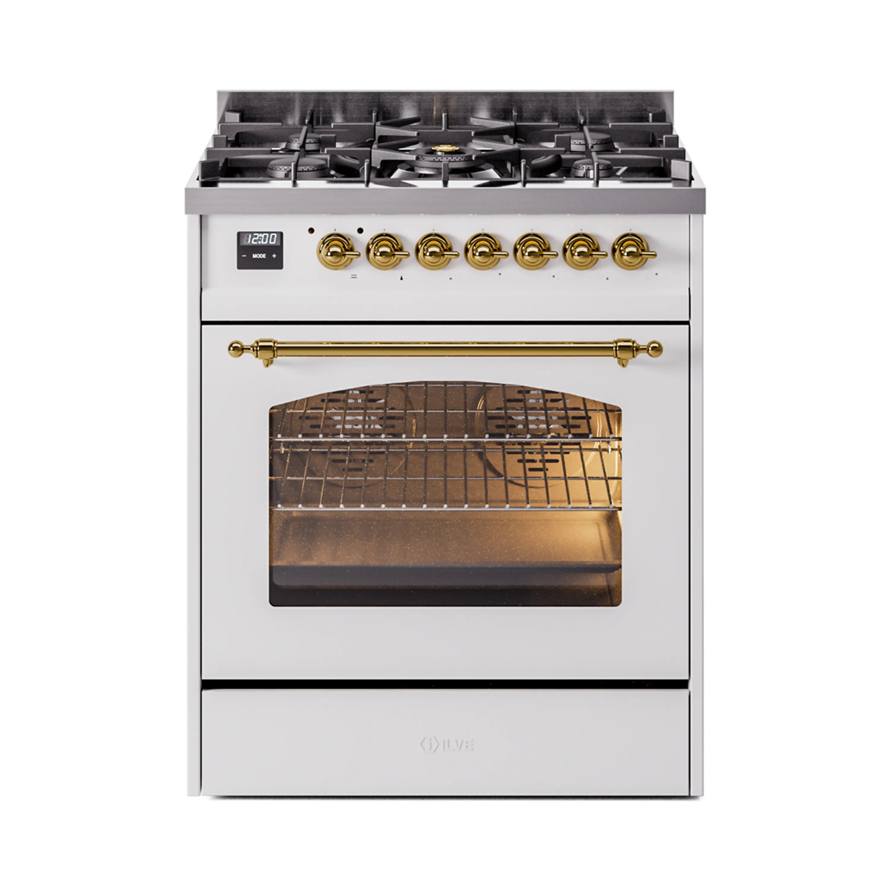 White dual fuel freestanding range with brass trim, oven door closed and window