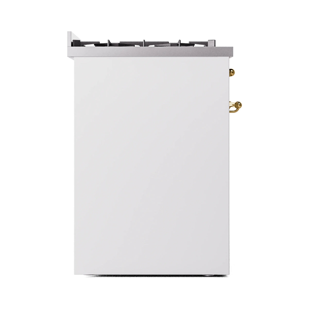 White freestanding range corner view with brass knobs and black burner grates on top