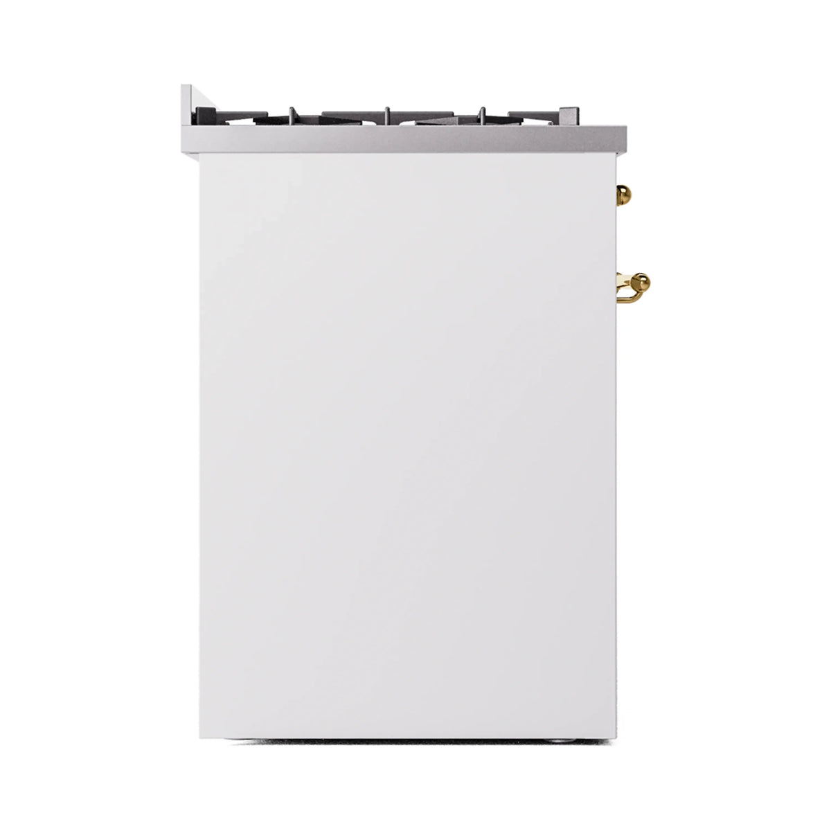 White freestanding range side panel with brass edge handles