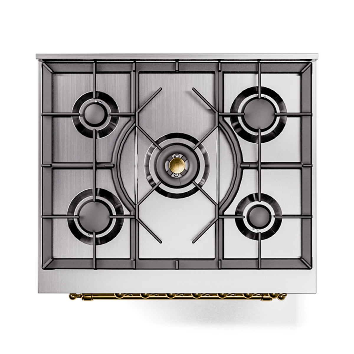 Stainless cooktop with four burners and grates, black round burner caps