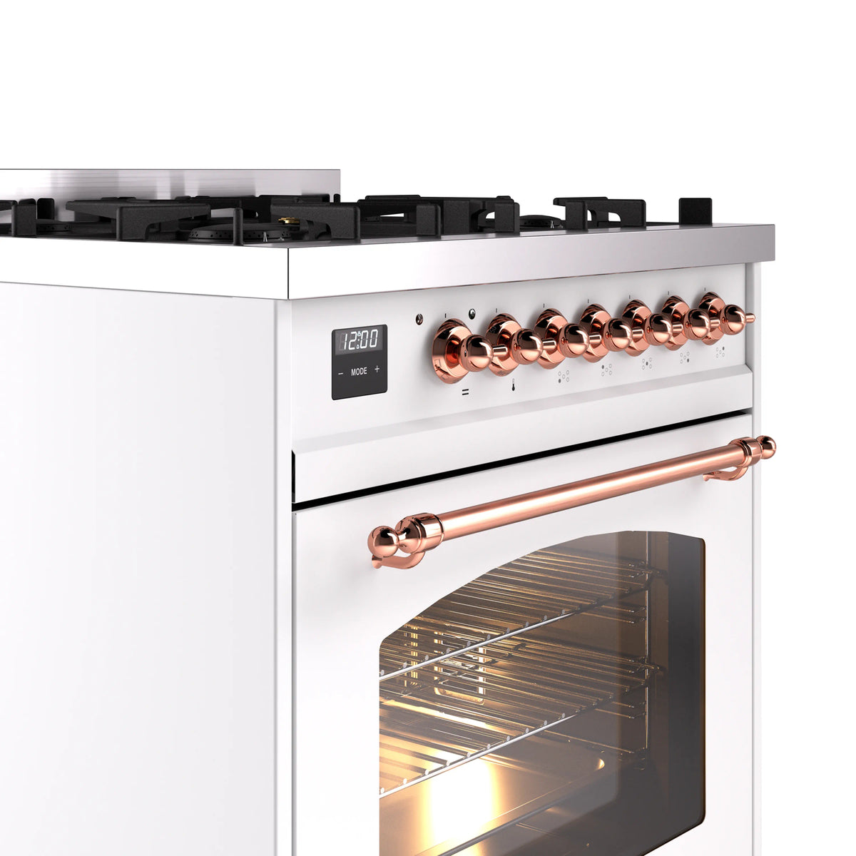 White range control panel with copper knobs and display, plus oven window