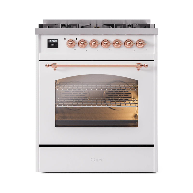 ILVE Nostalgie II 30-Inch Dual Fuel Freestanding Range in White with Copper Trim (UP30NMPWHP)