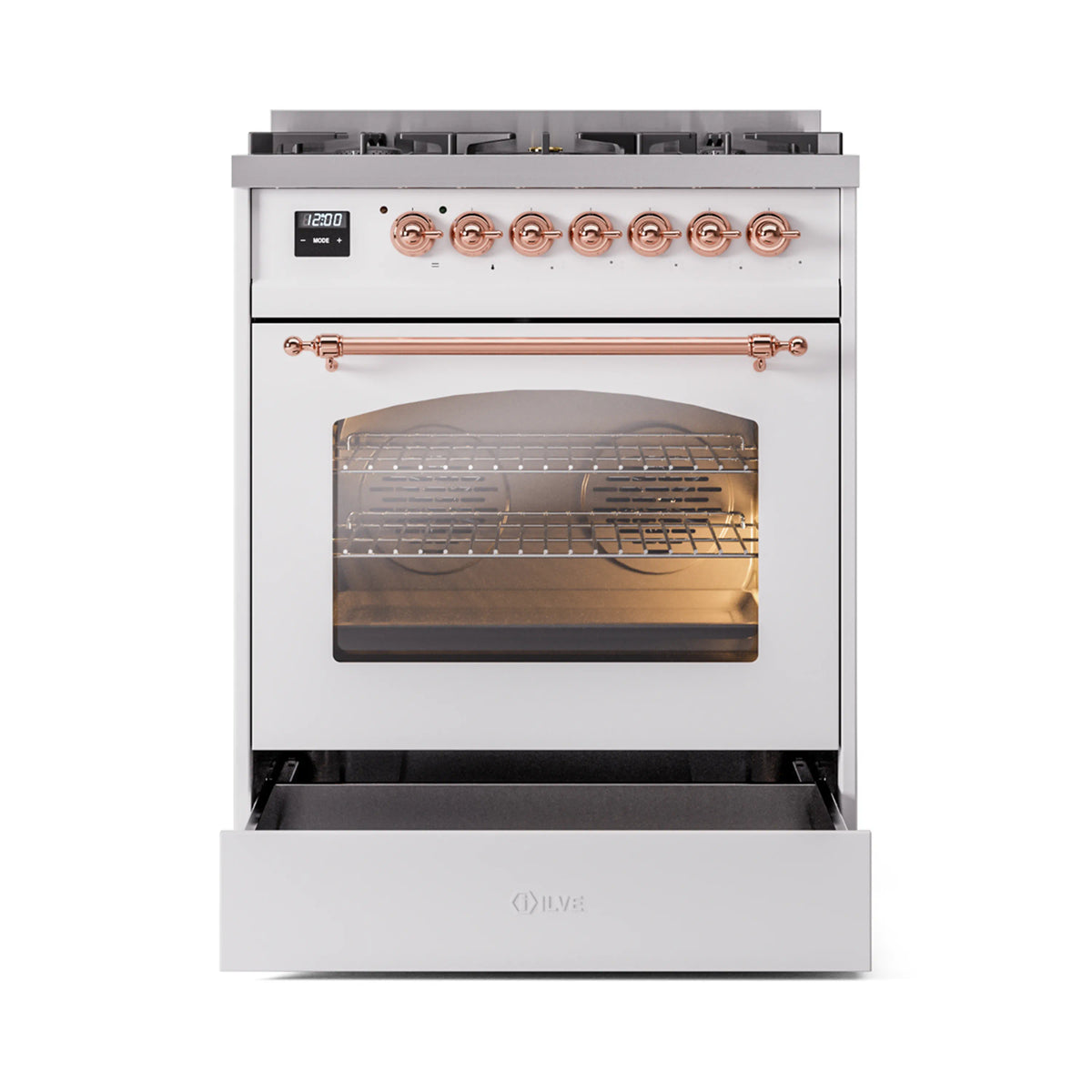 White freestanding dual-fuel range with copper-trim oven door open