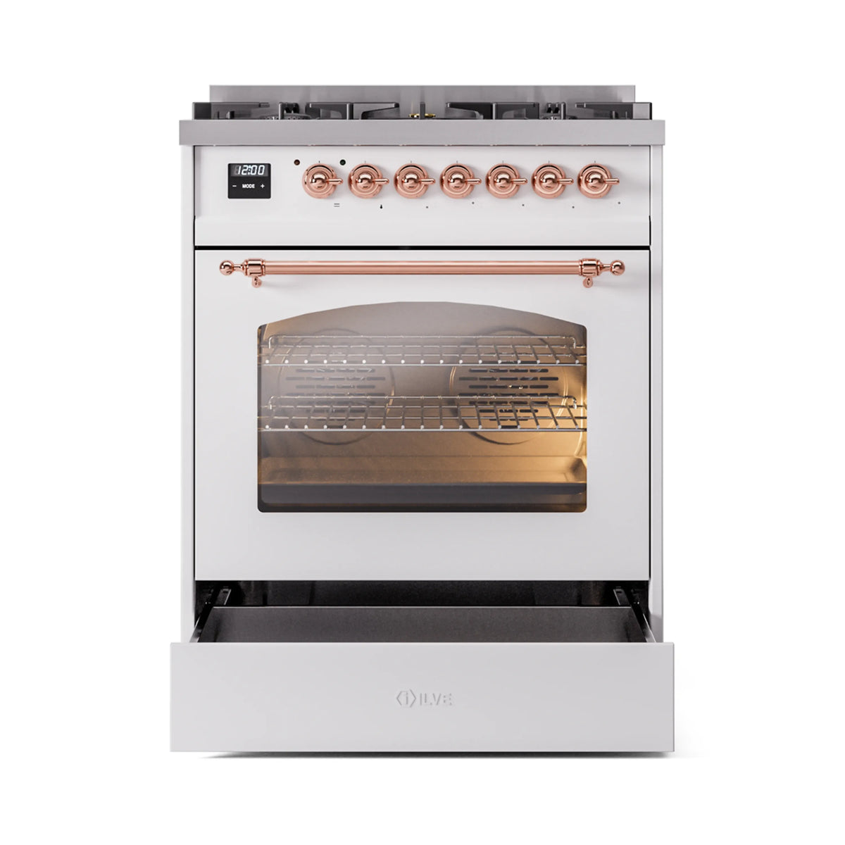 White dual-fuel range with open drawer, copper handle, and lit oven window