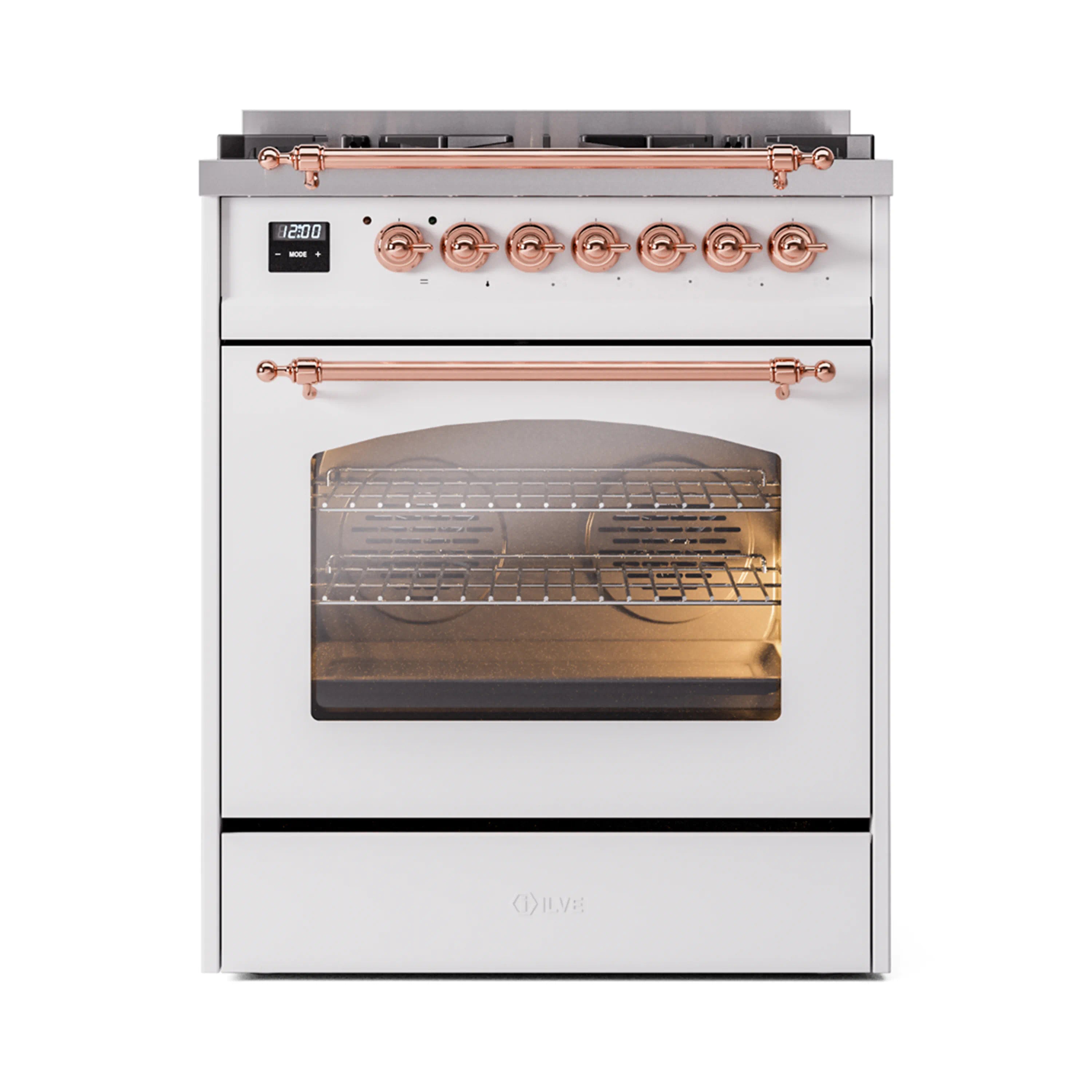 White dual-fuel range with copper control knobs and oven door ajar
