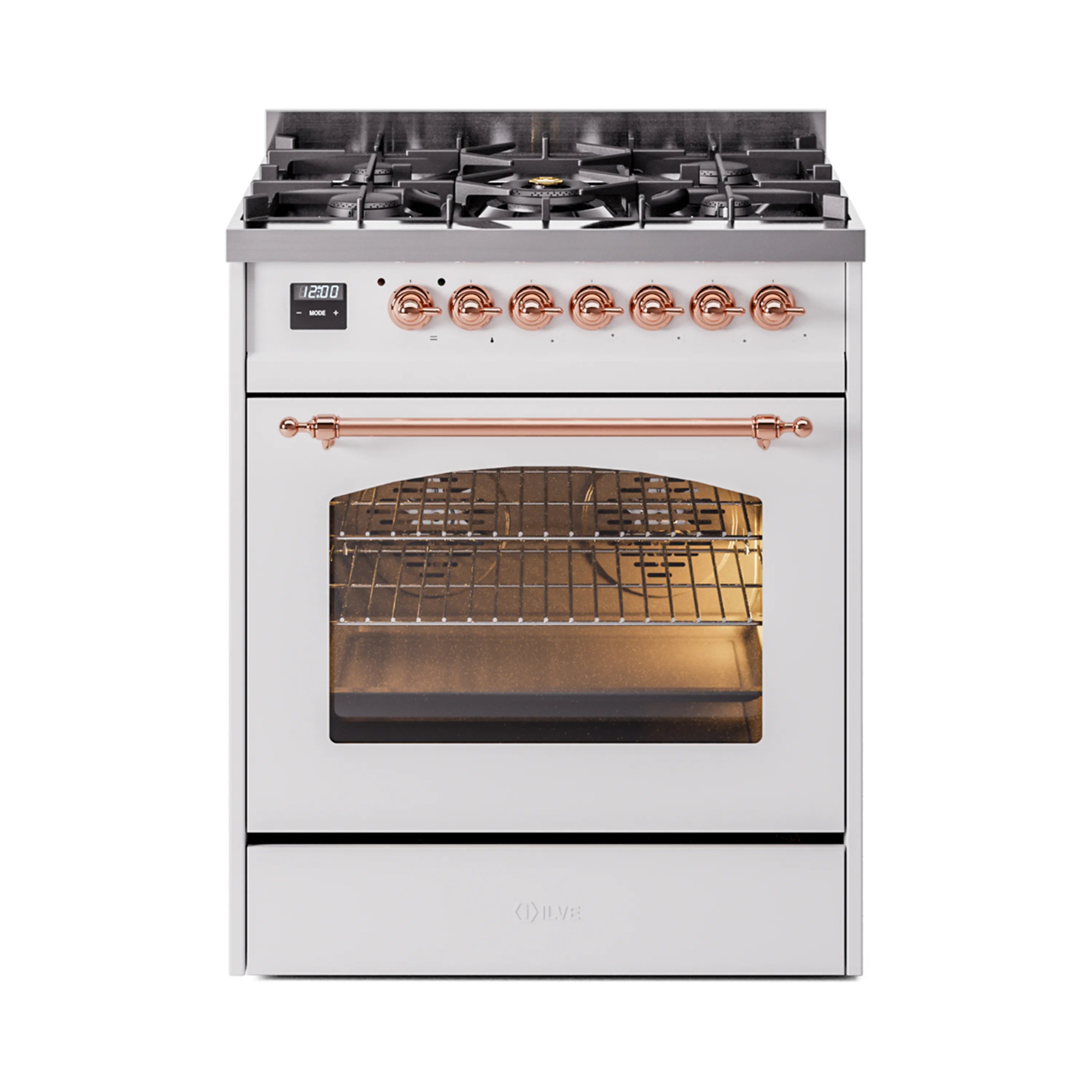 White freestanding range with copper knobs, black burners, and oven door open