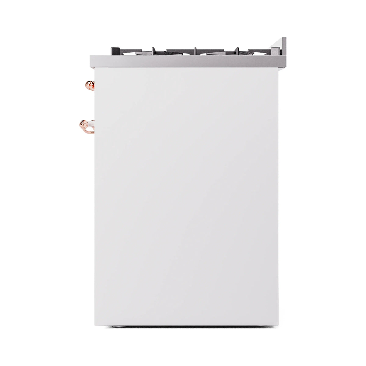 White freestanding range side view with black stovetop grates and copper handles