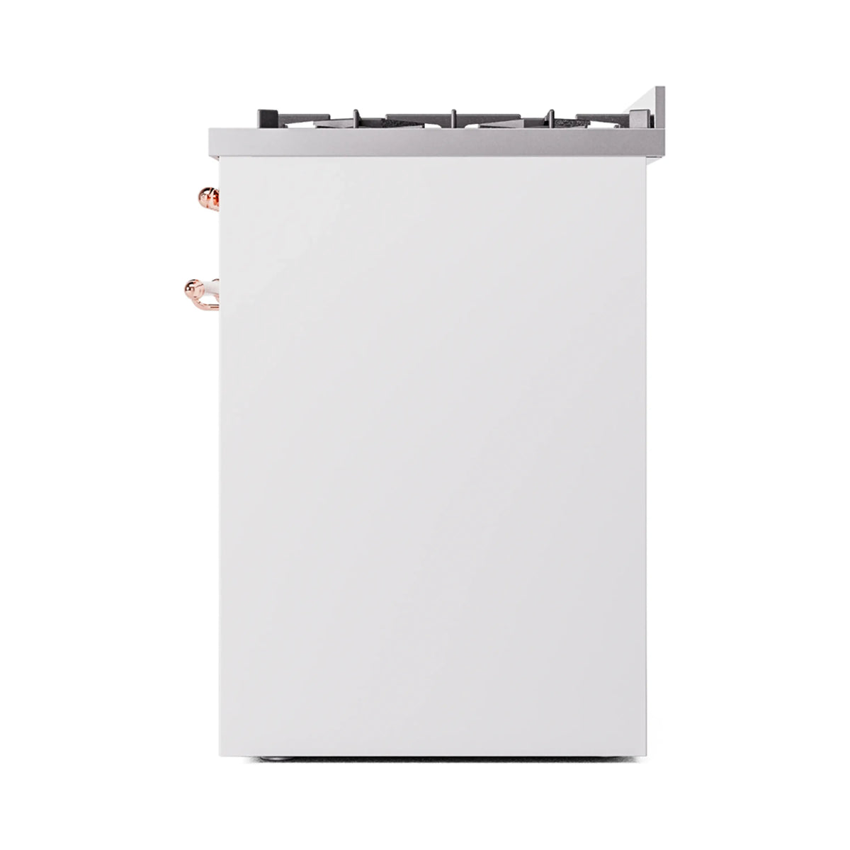 White range side panel with visible copper fittings and black cooktop grates