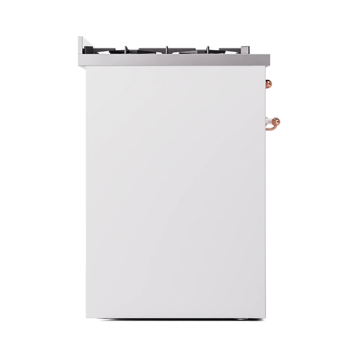 White freestanding range side view with copper trim handle and black grates