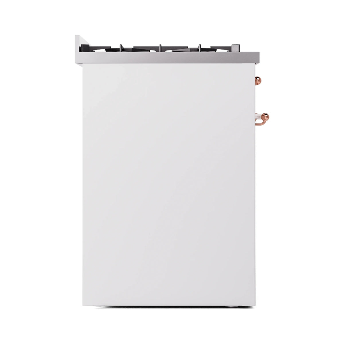 White freestanding range side panel with visible copper handle and black cooktop grates