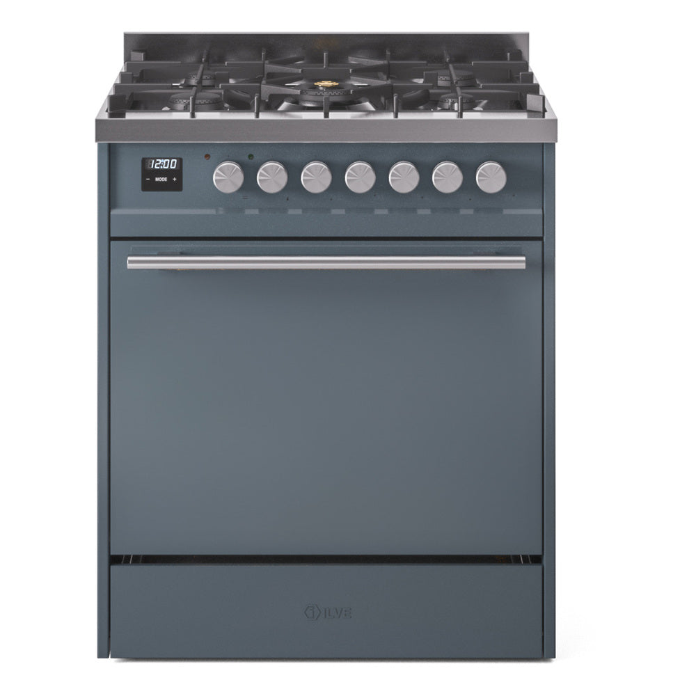 Blue grey dual fuel range with solid oven door and gas burners on top