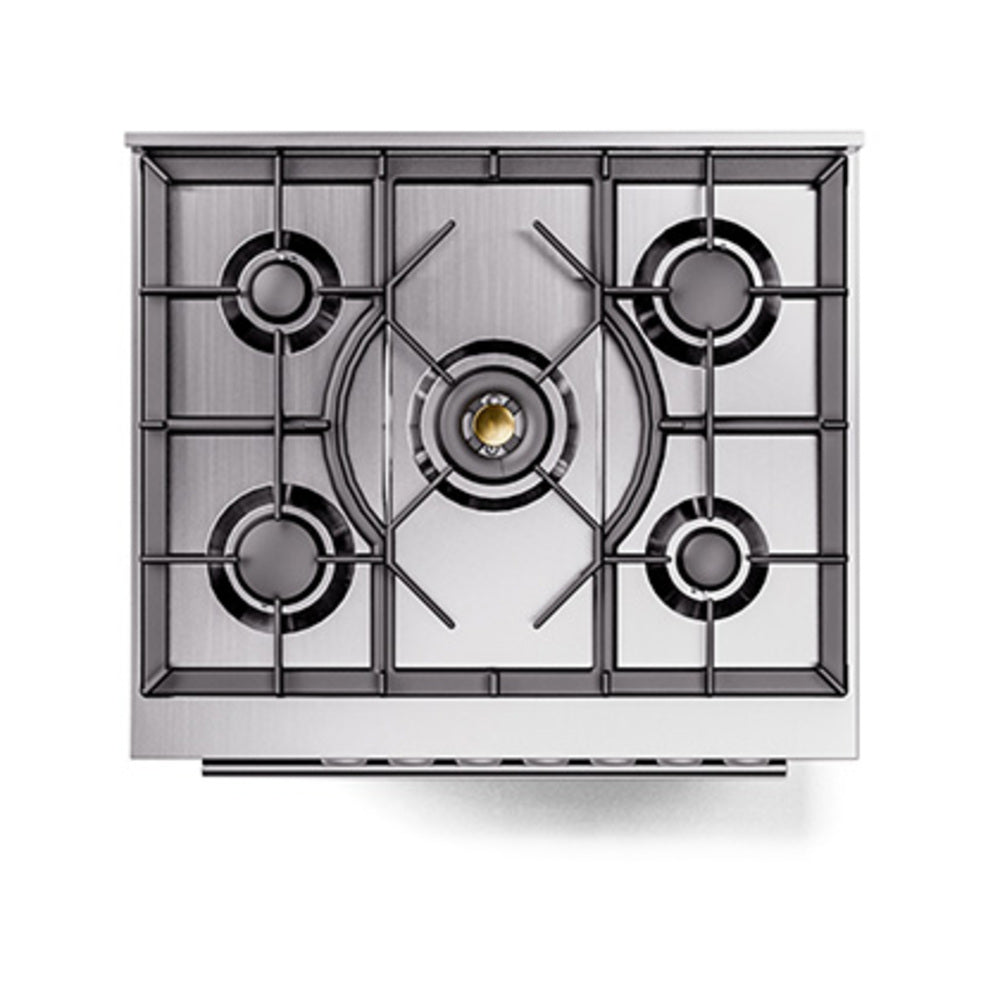 Blue grey gas cooktop with five burners and metal burner caps