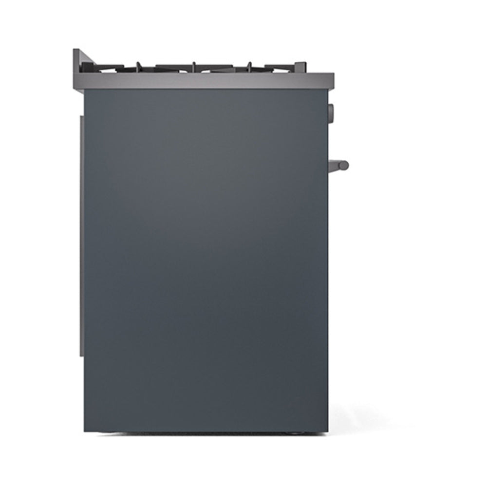 Blue grey solid oven door with integrated handle and top burner controls