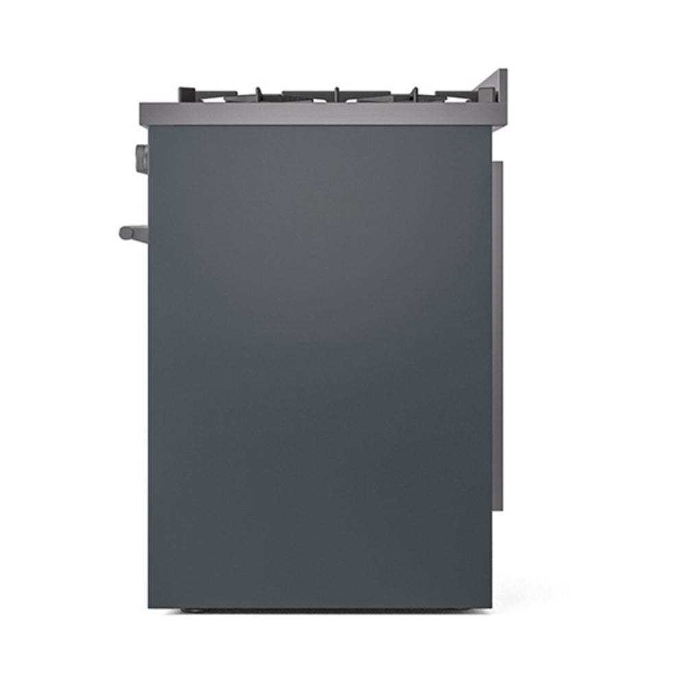 Blue grey solid oven door on dual fuel range, angled side view