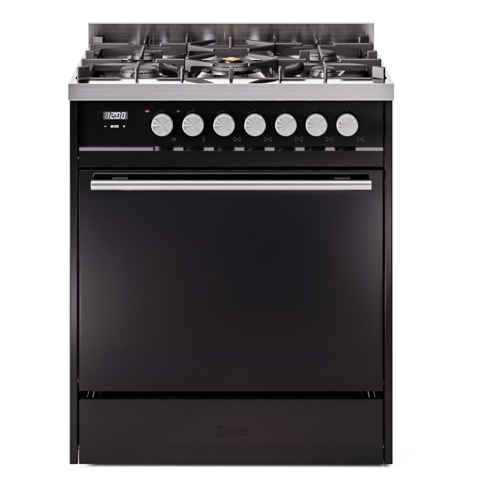 Glossy black dual fuel gas range with control knobs and large oven door