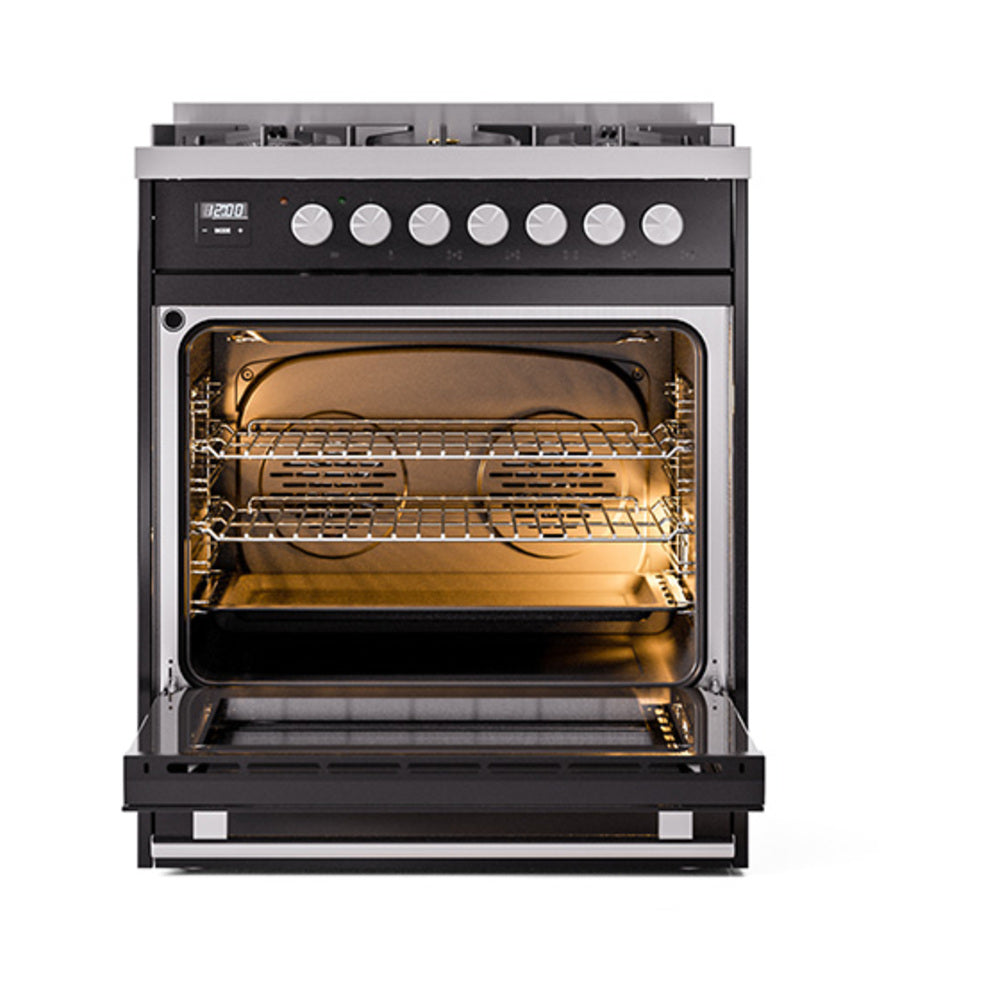 Glossy black dual fuel gas range with open oven door and illuminated interior