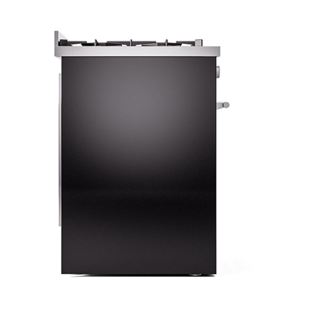 Glossy black dual fuel gas range with solid door, viewed from the side