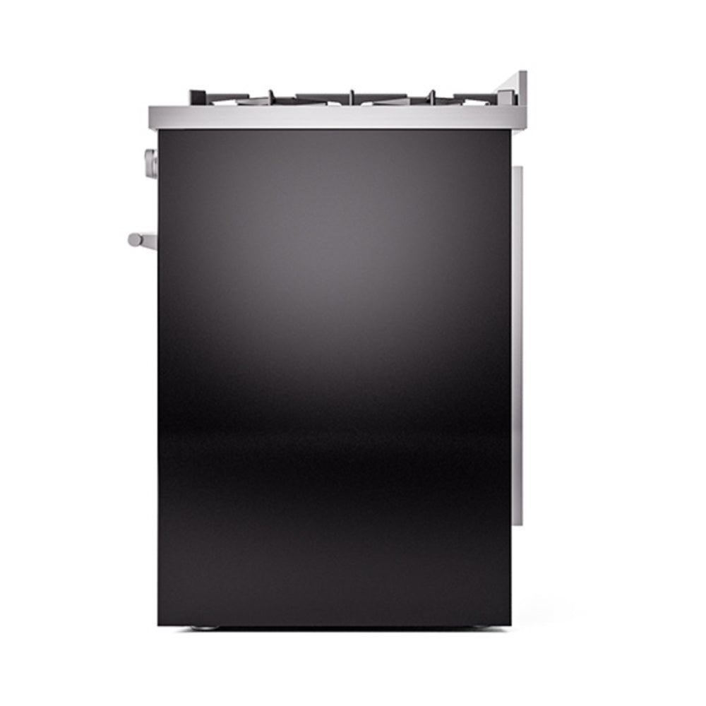 Glossy black dual fuel gas range with solid door, angled side view