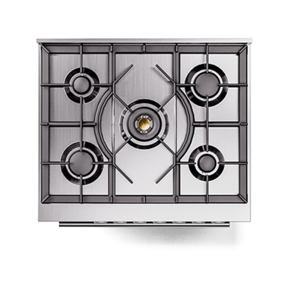ILVE dual fuel range cooktop with four sealed burners and crossover center grates