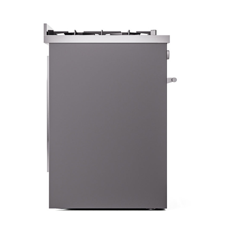 Matte graphite solid oven door panel on the side of a gas range