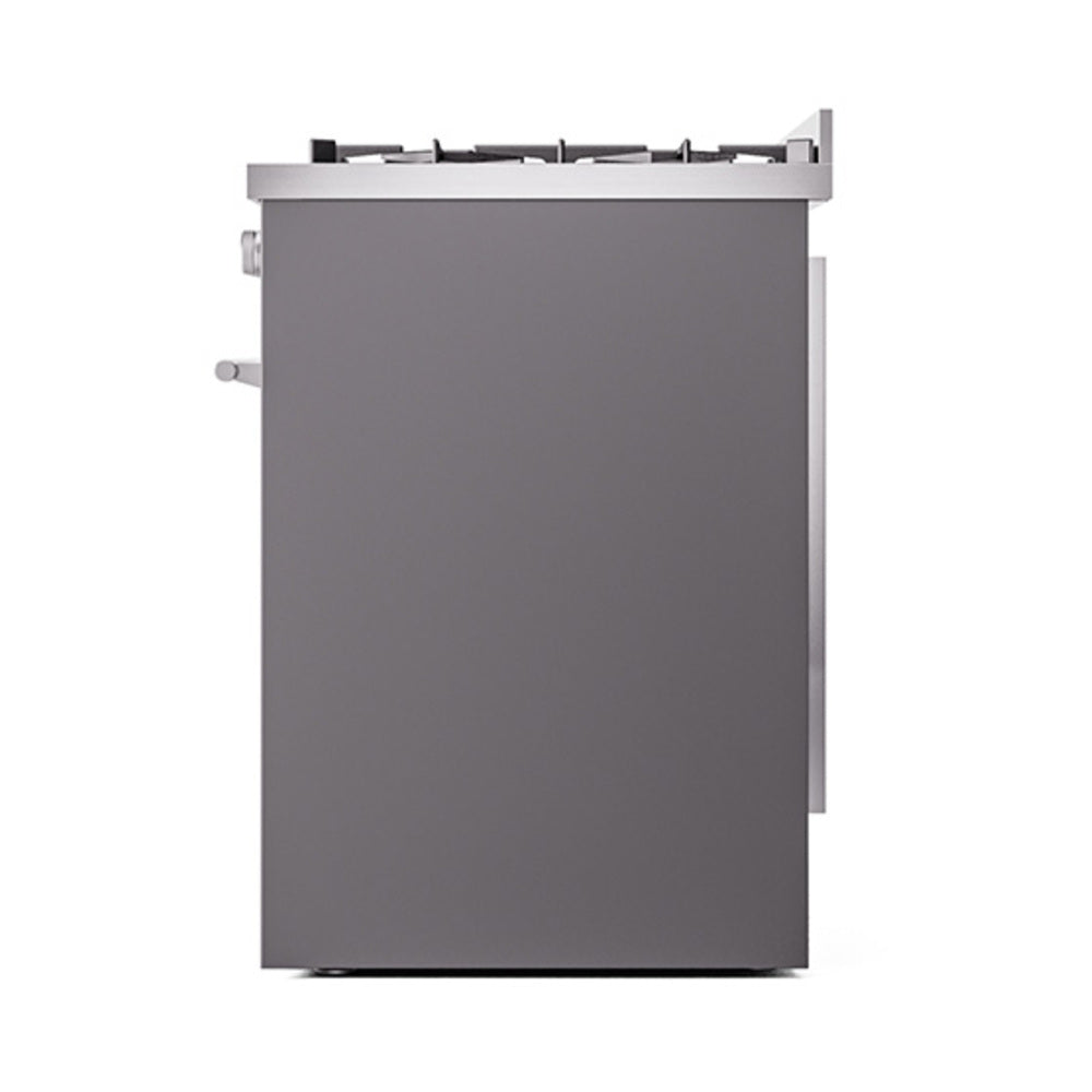 Matte graphite solid oven door panel on the side of a gas range with knobs