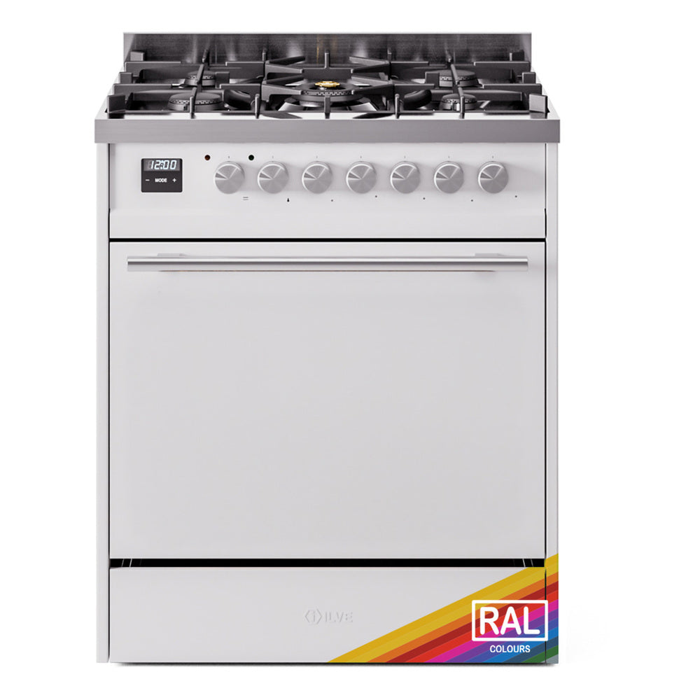 30-inch dual fuel range with stainless exterior, control knobs, and gas burners