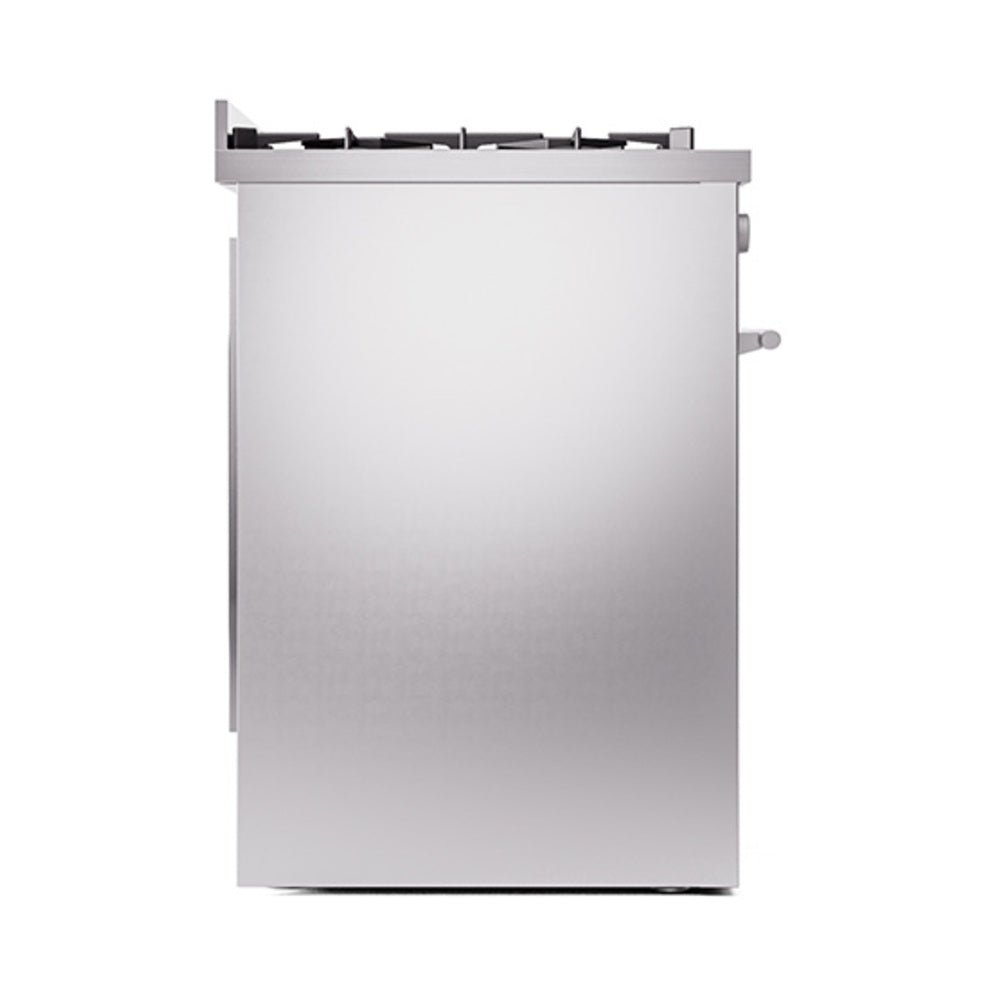 Stainless steel range side panel with control knobs and handle details