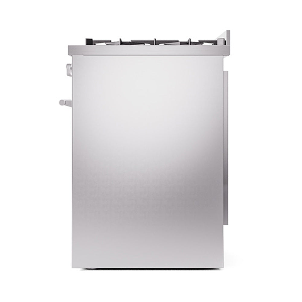 Stainless steel range side view with oven door edge and control knobs