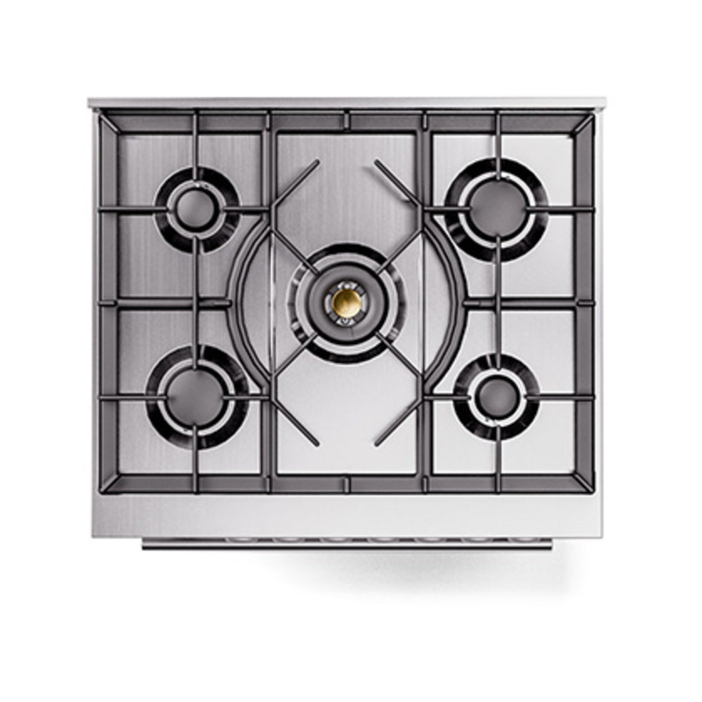 Stainless and black six-burner gas cooktop with central burner cap