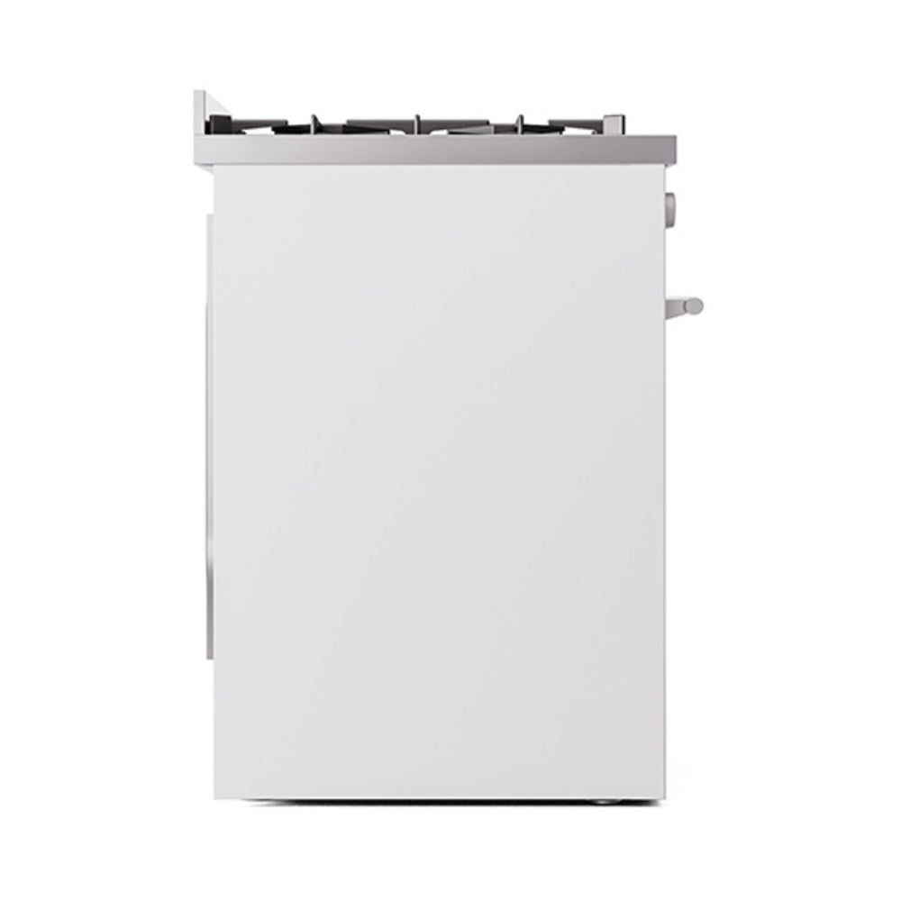 White gas range side view with control panel edge and front solid door