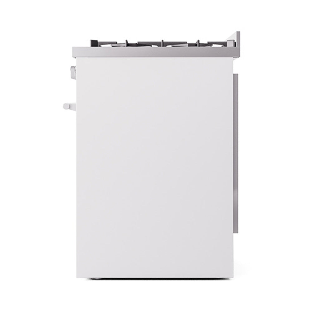 White dual fuel range side view with solid oven door and top burner grates.