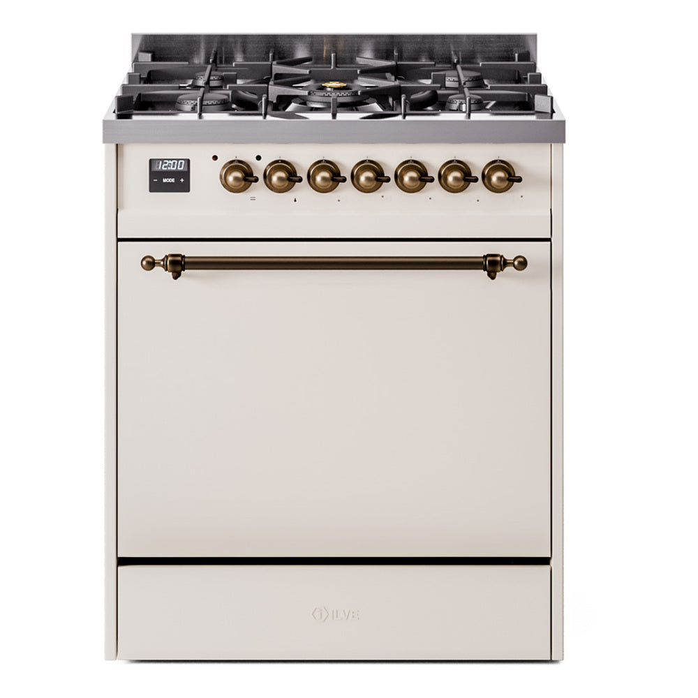 Antique white dual fuel gas range with bronze trim, control knobs, and open burner grates