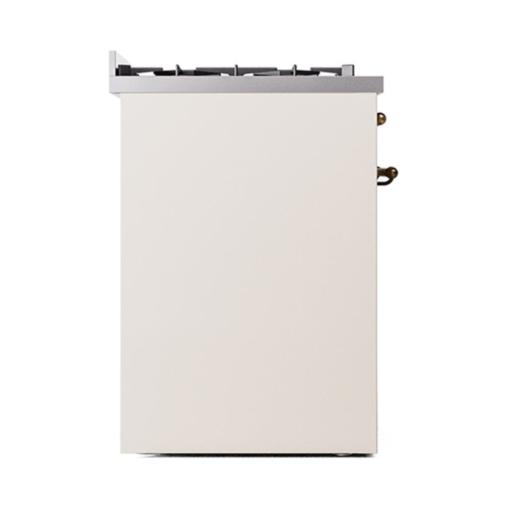 Antique white solid oven door with bronze handle on a dual fuel gas range