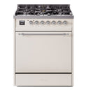 ILVE Nostalgie II 30-Inch Natural Gas Dual Fuel Range with Solid Door in Antique White with Chrome Trim (UP30QNMPAWC)