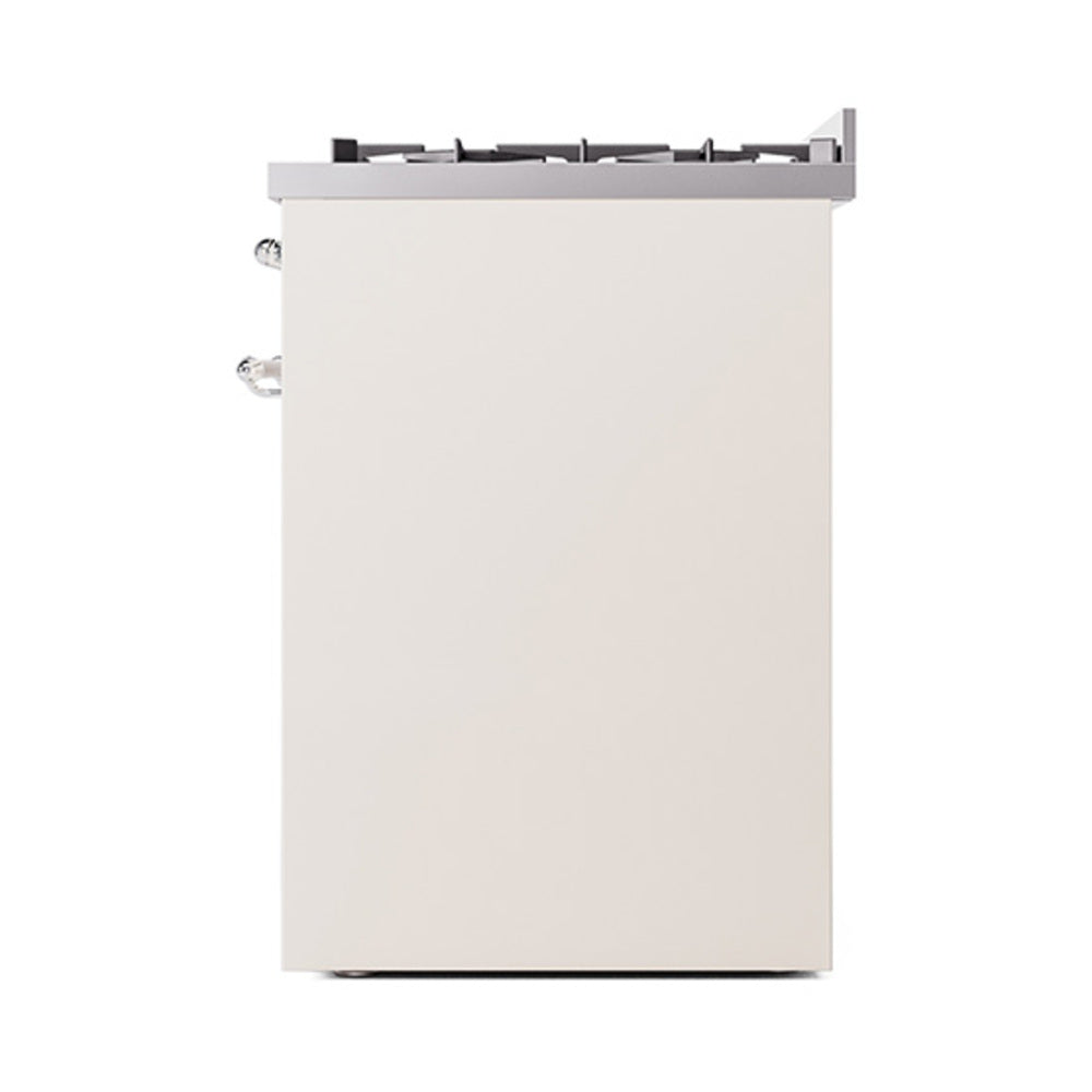 Antique white solid oven door with chrome side handles and burner grate edge