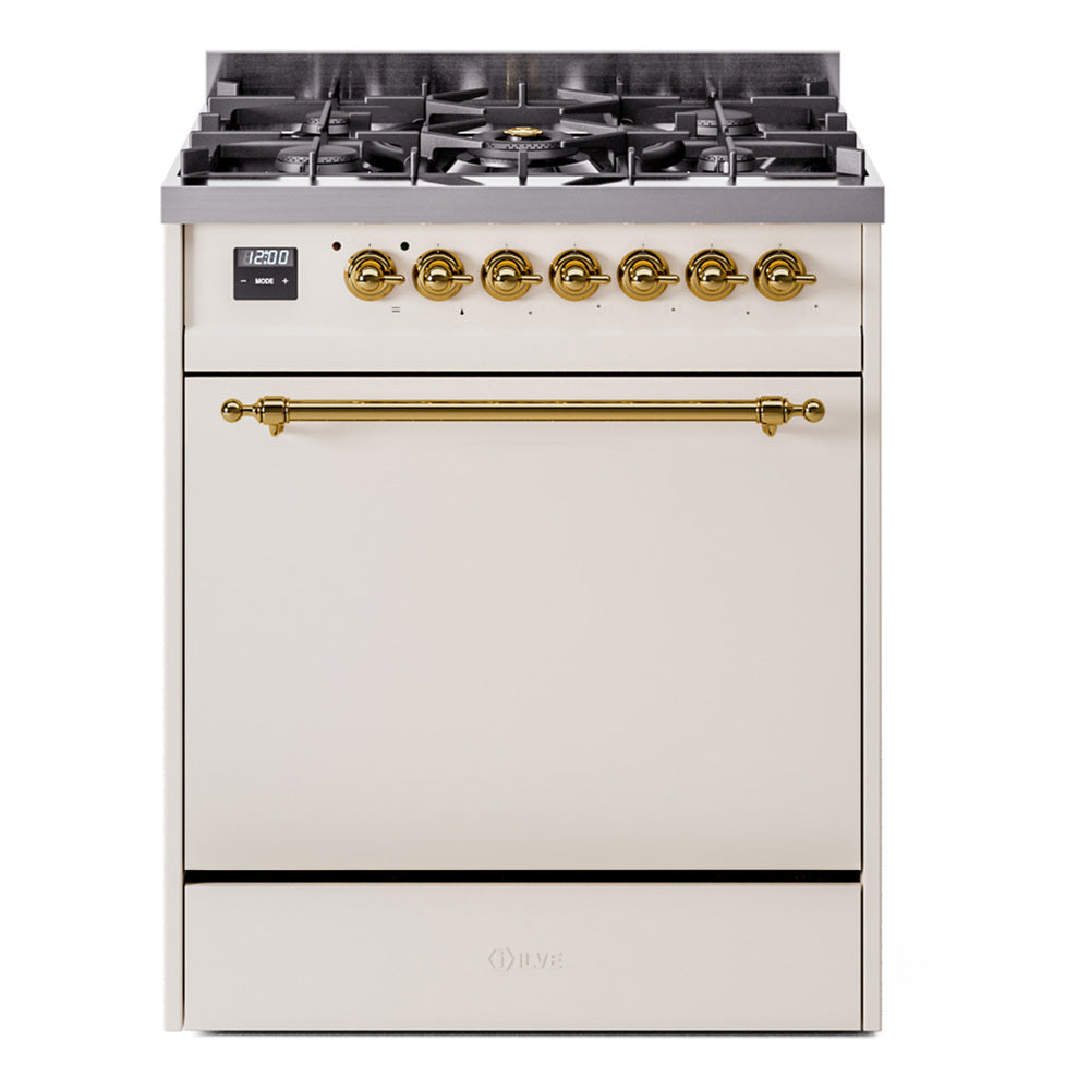 Antique white dual fuel gas range with brass-trim controls and front panel