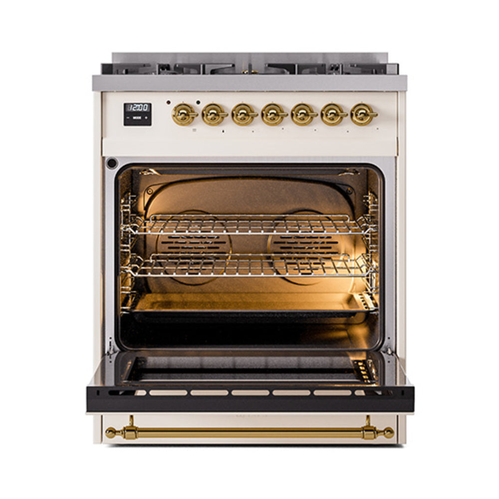 Dual fuel gas range with open oven door and gold-toned interior racks