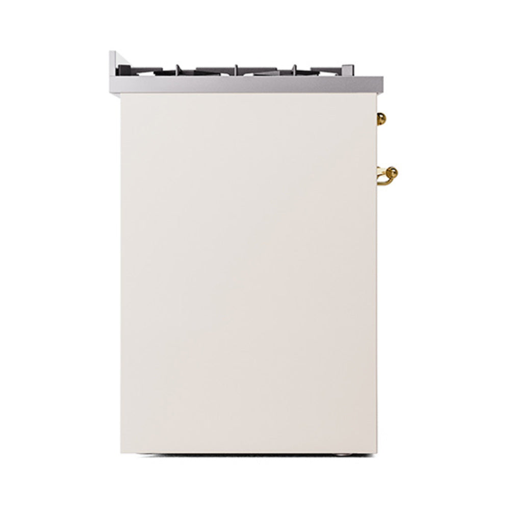 Antique white solid range door corner view with brass handle and cooktop edge