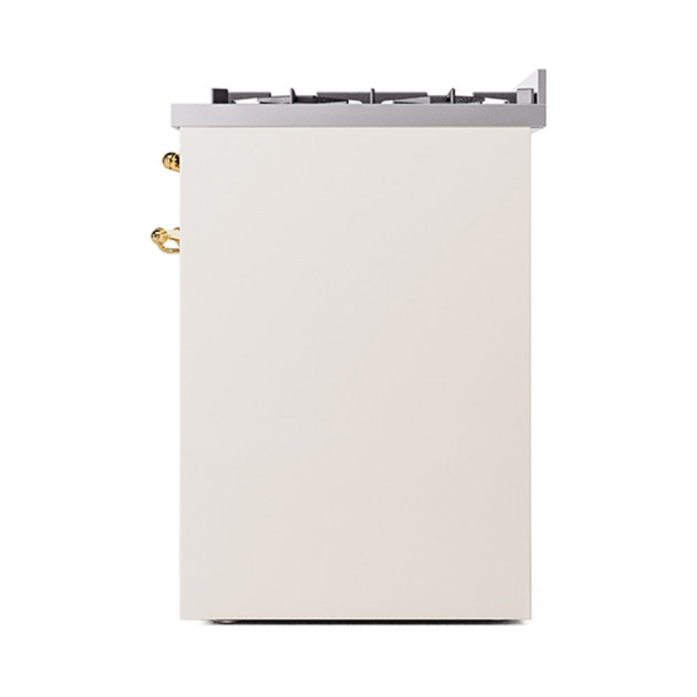 Antique white solid range door with brass side handles and gray cooktop edge