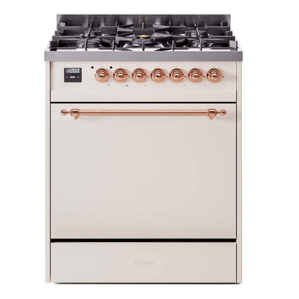 Antique white dual-fuel gas range with solid door and copper-trim control knobs