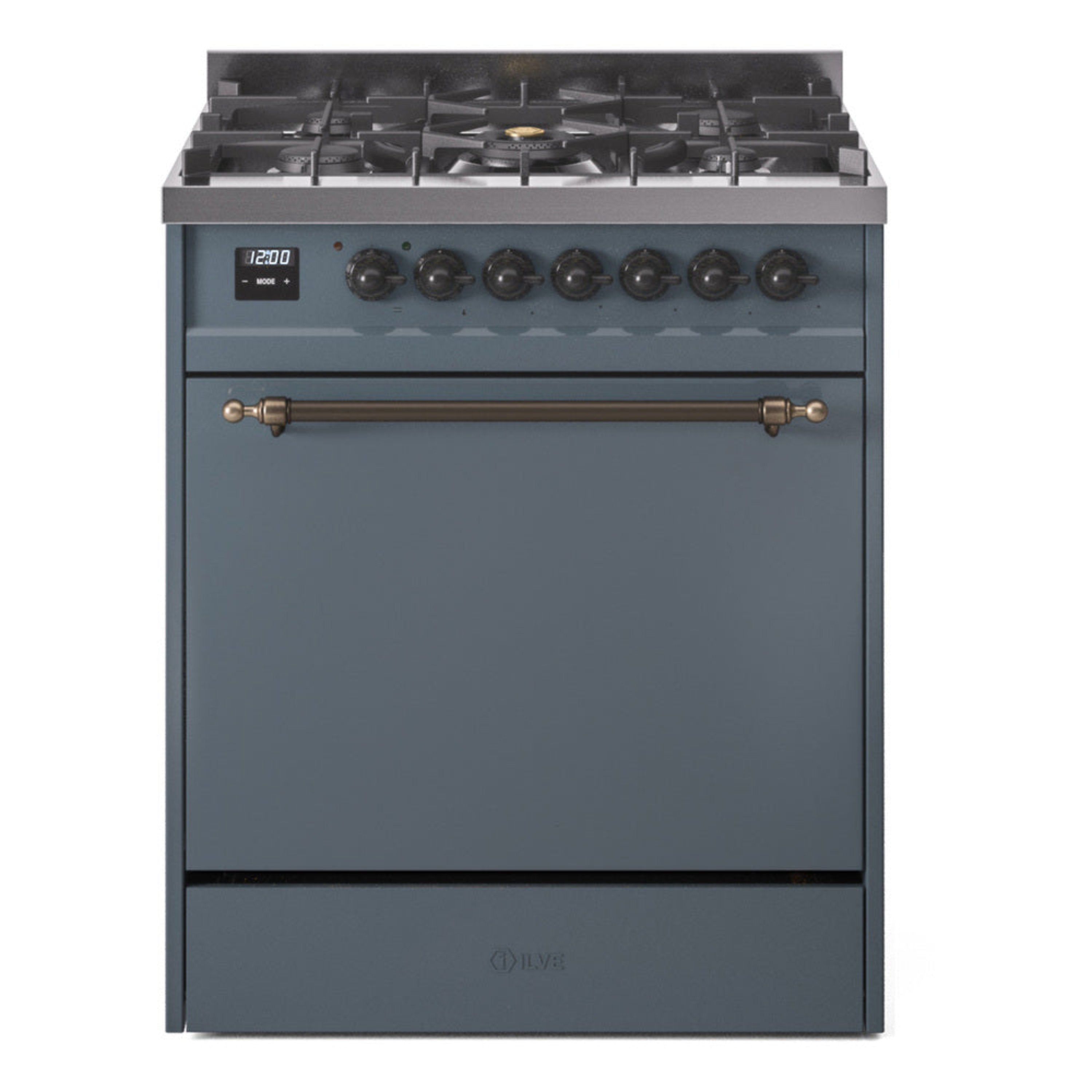 Blue-grey gas range with solid door, bronze-trimmed handle and control panel