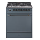 ILVE Nostalgie II 30-Inch Propane Gas Dual Fuel Range with Solid Door in Blue Grey with Bronze Trim (UP30QNMPBGBLP)