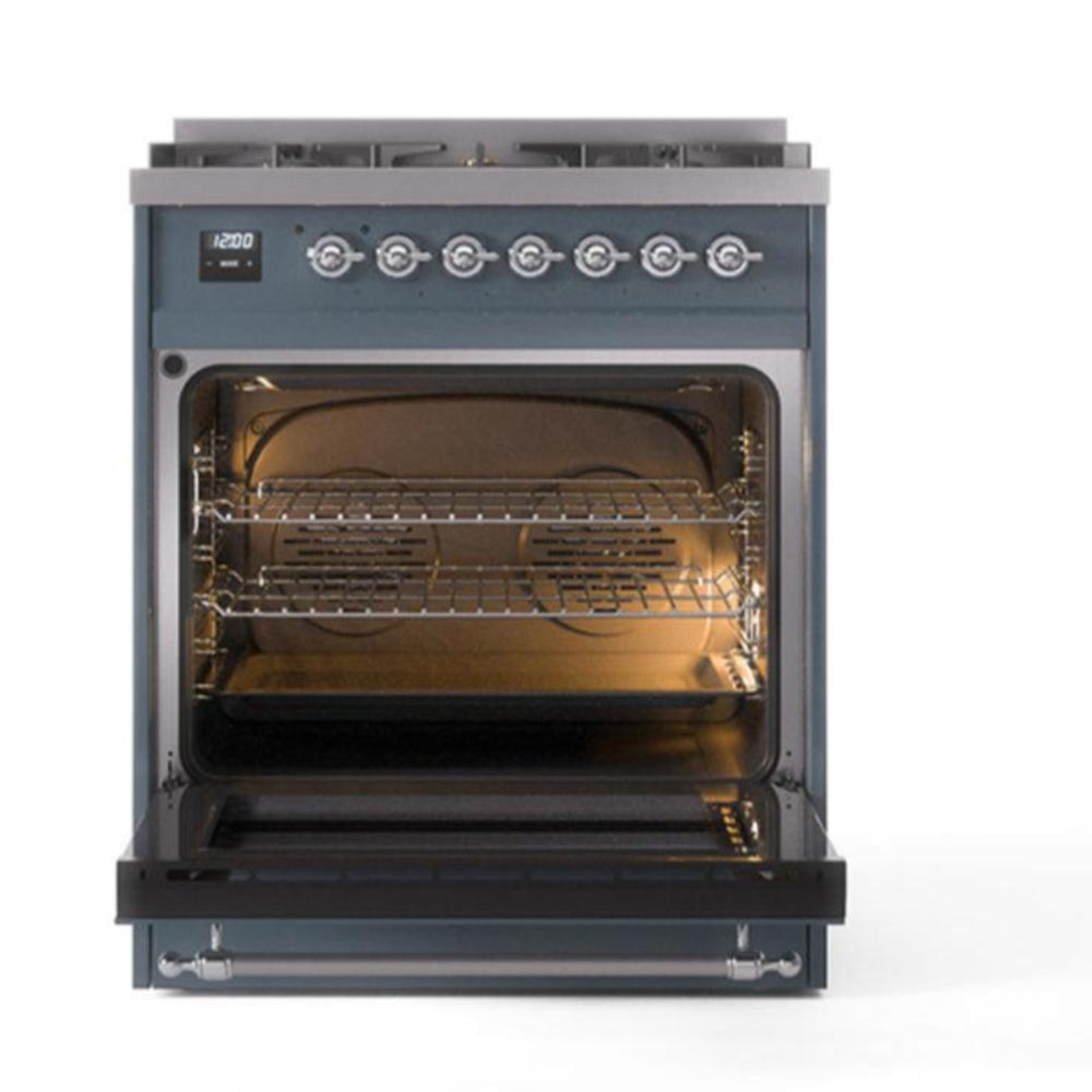 Open oven door of blue-grey dual fuel range with burner controls and racks